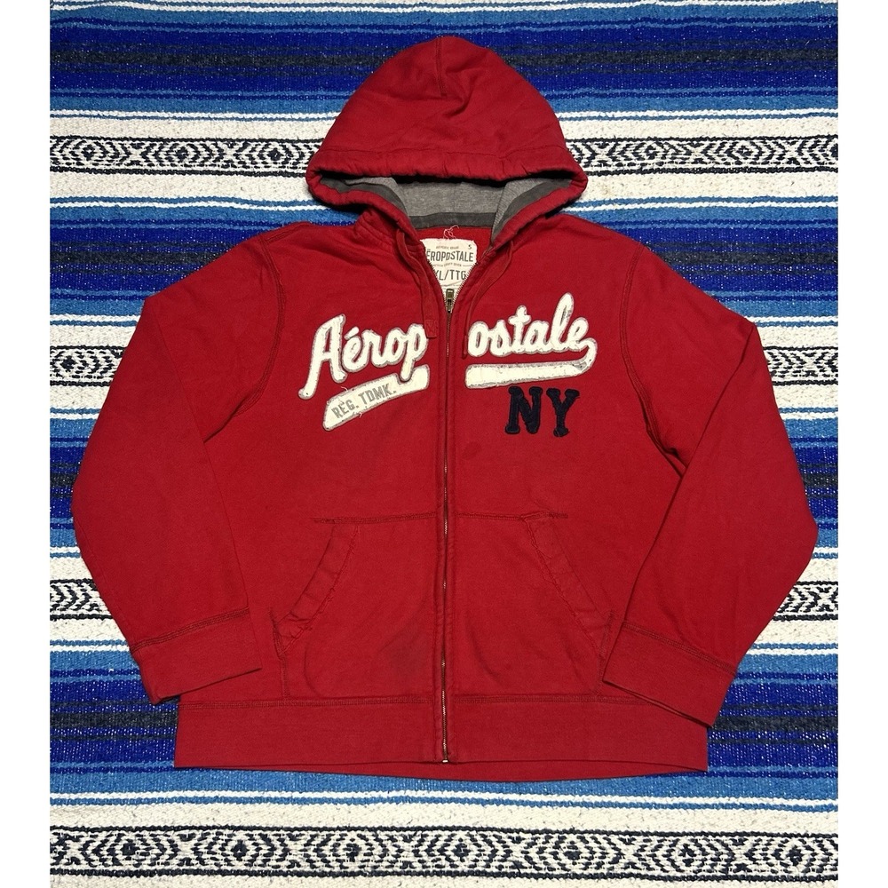 Aeropostale Mens XXL Red Full Zip Hoodie NY Spellout Applique Logo Jacket